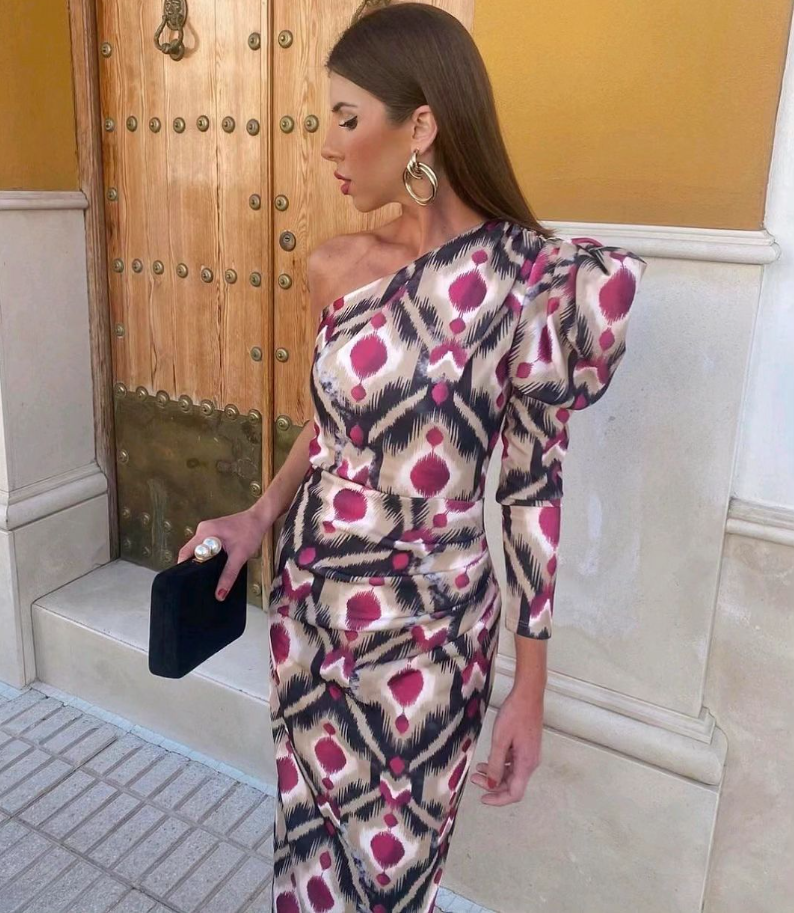 Elle - Vestido midi puff roxo de um ombro só