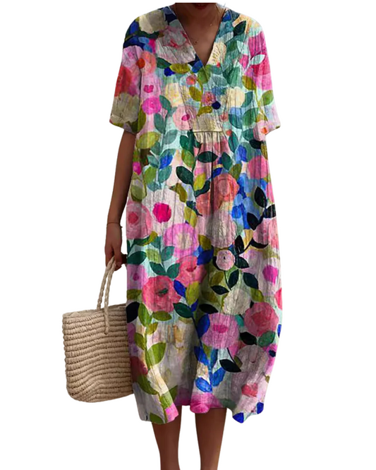 Vestido floral que cobre a barriga
