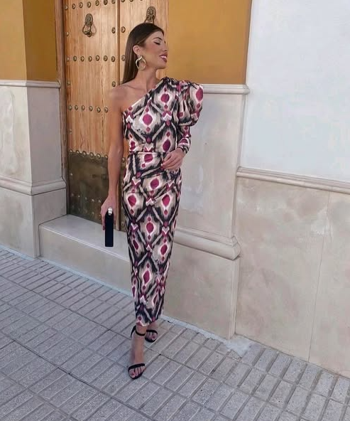 Elle - Vestido midi puff roxo de um ombro só