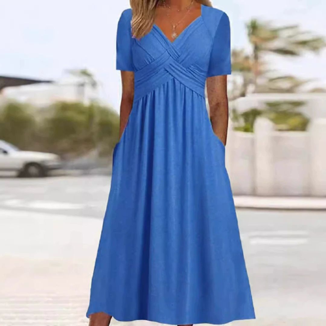 Vestido com decote em V que cobre a barriga