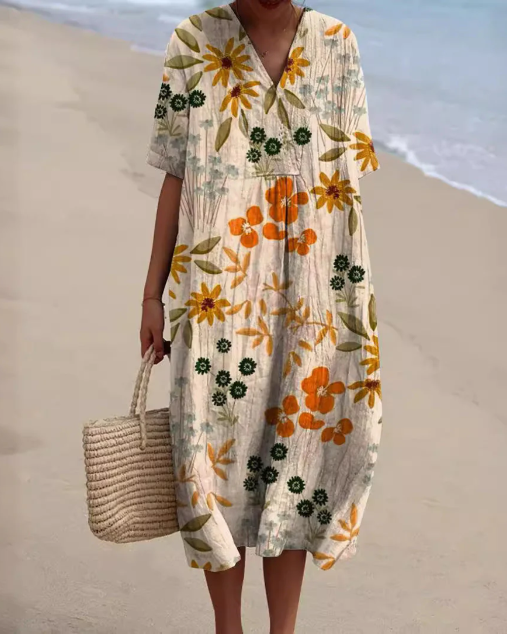 Vestido floral que cobre a barriga