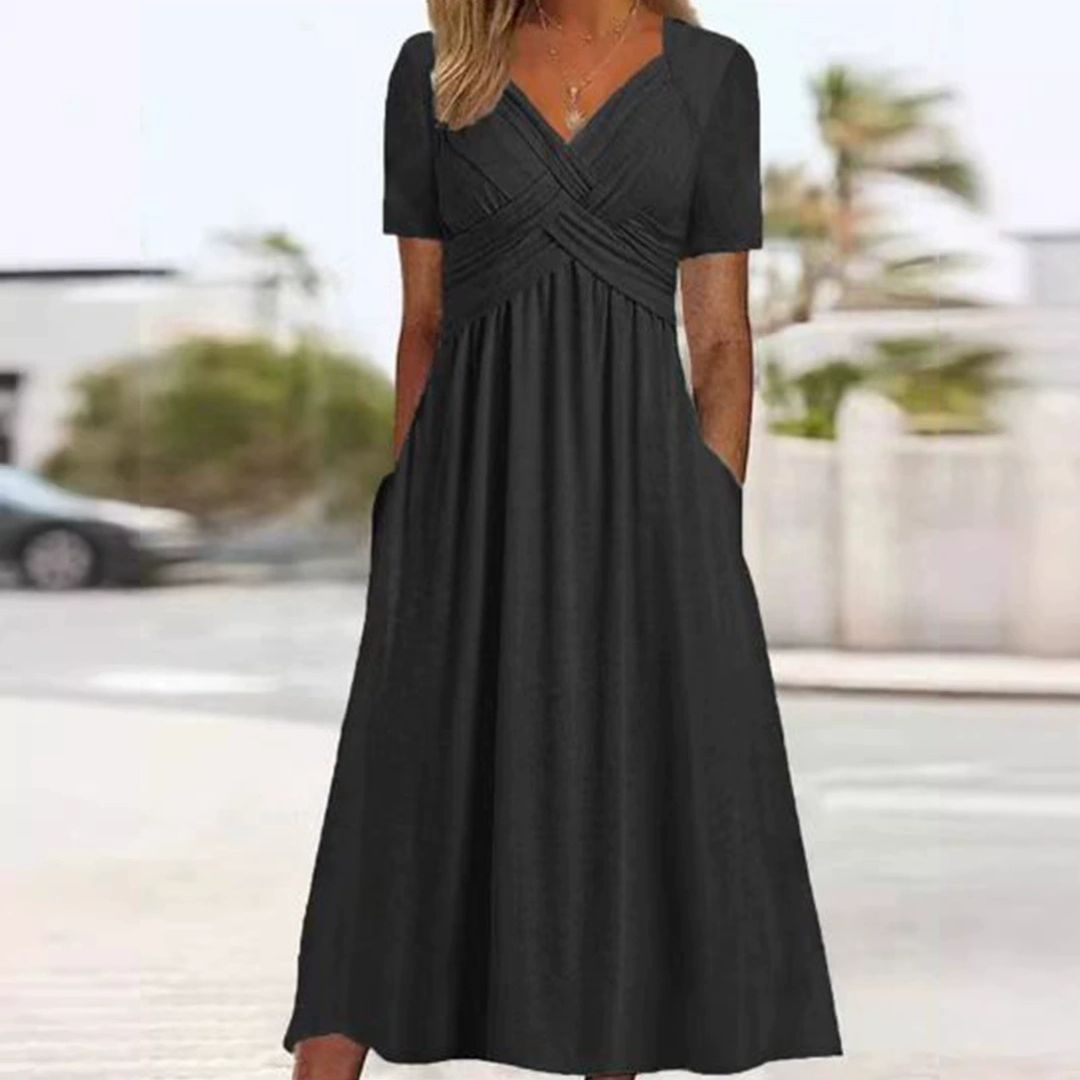 Vestido com decote em V que cobre a barriga
