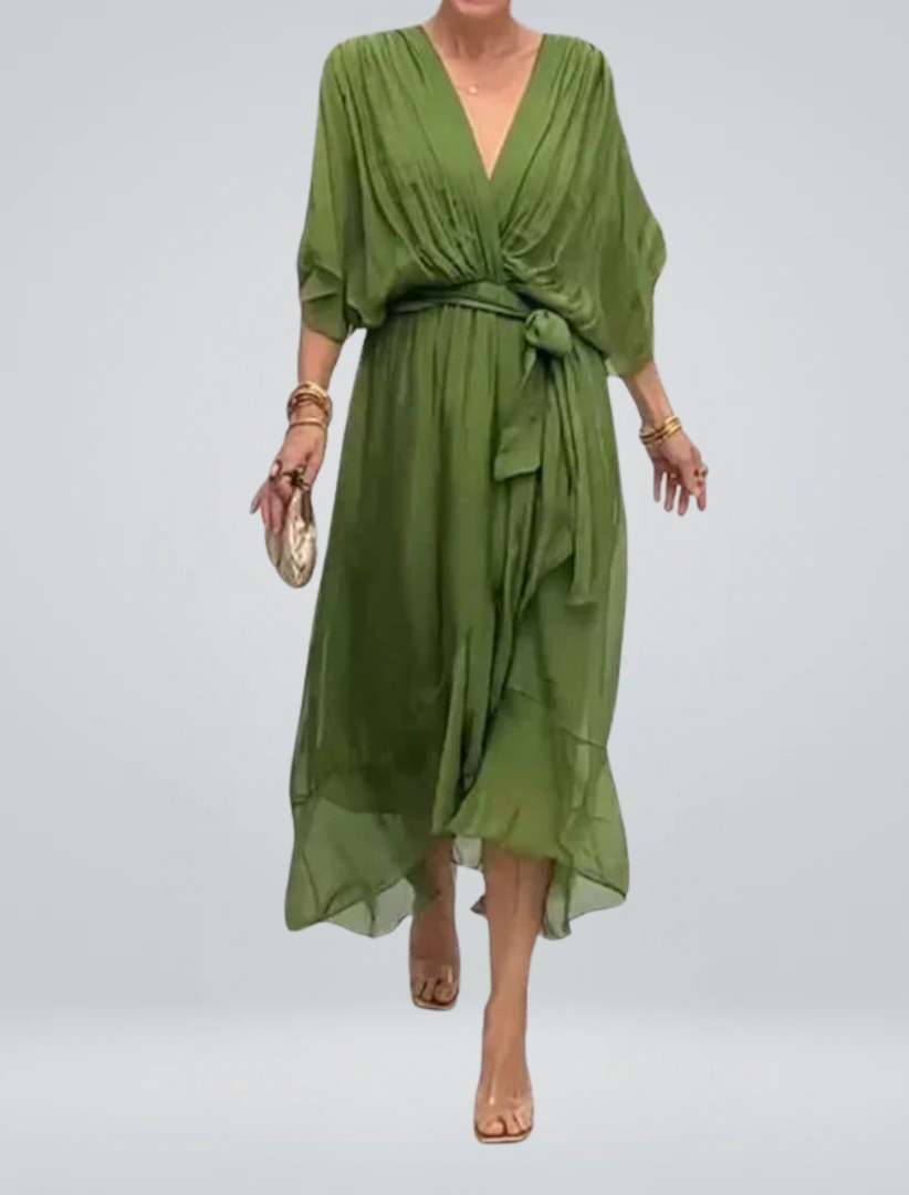 Vestido em chiffon de seda com decote em V