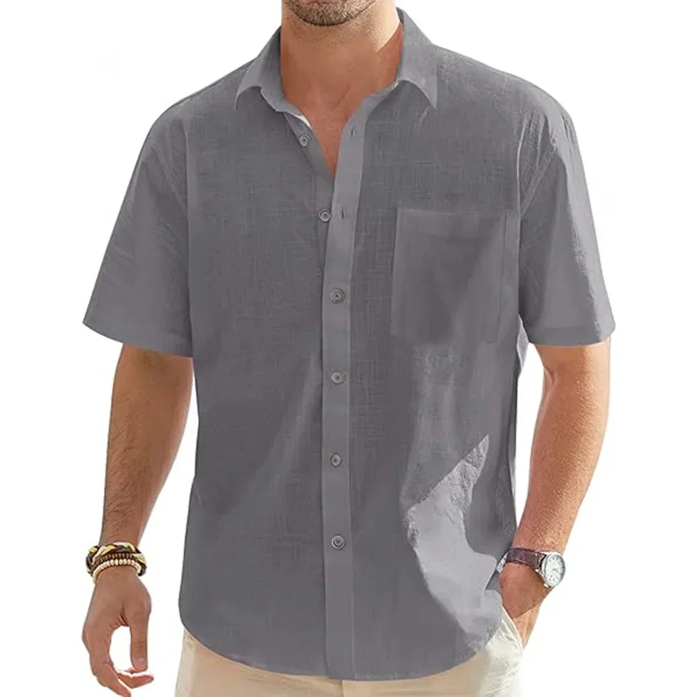 Camisa de manga curta em linho e algodão