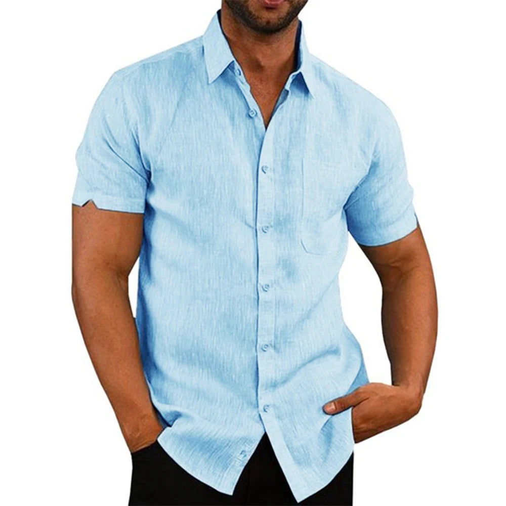 Camisa de manga curta em linho e algodão