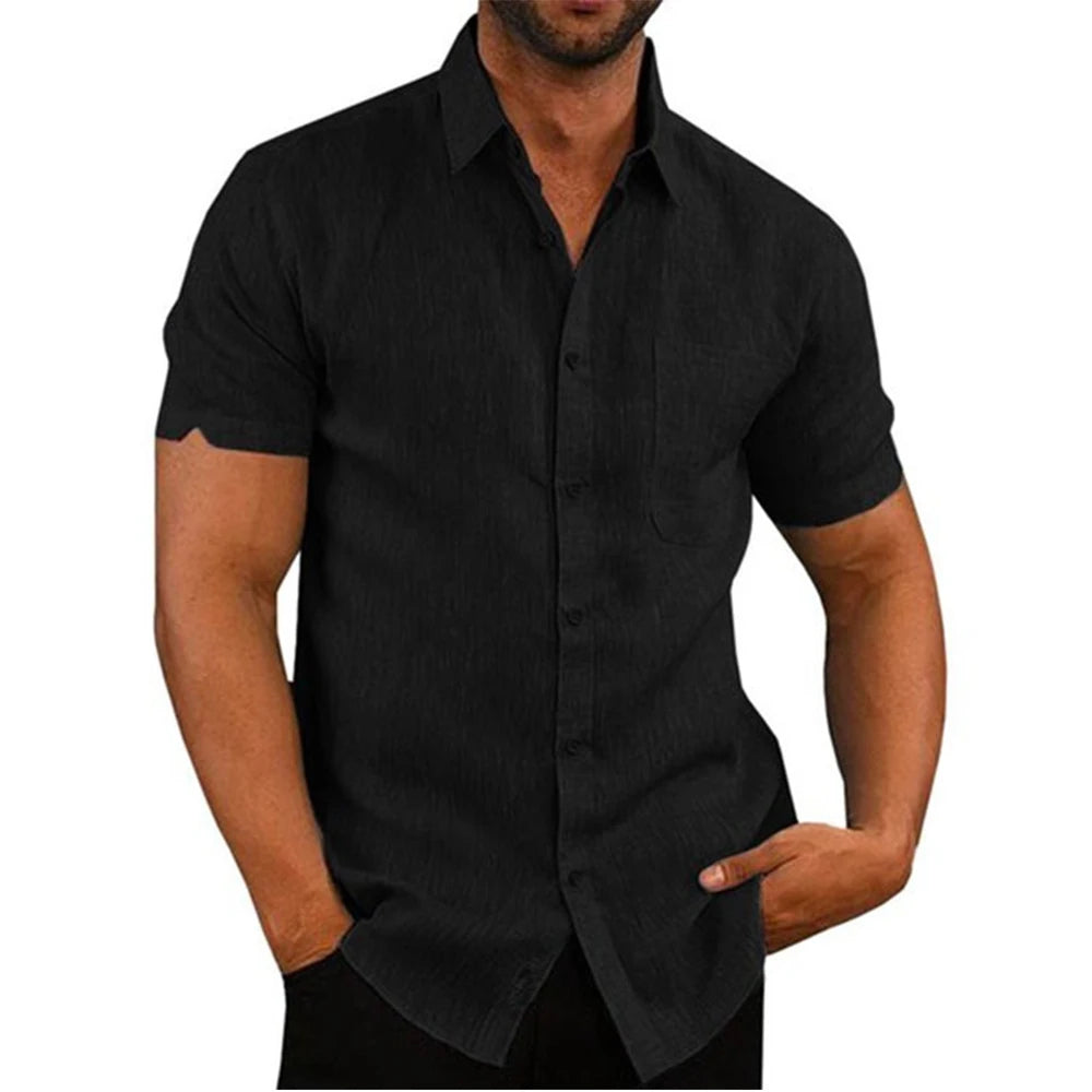 Camisa de manga curta em linho e algodão