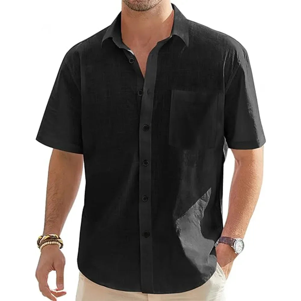Camisa de manga curta em linho e algodão