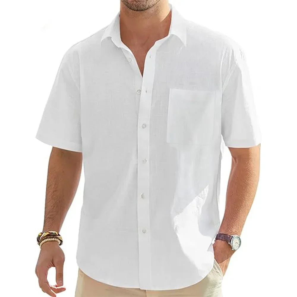 Camisa de manga curta em linho e algodão