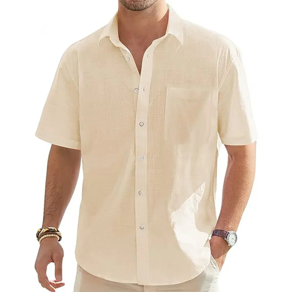 Camisa de manga curta em linho e algodão