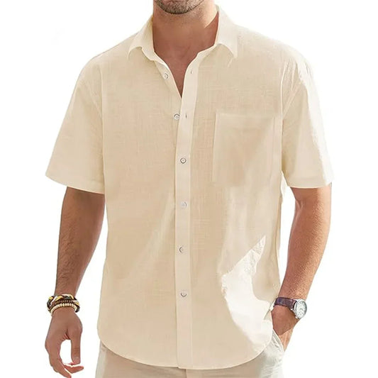 Camisa de manga curta em linho e algodão