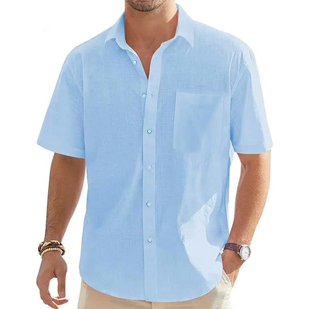 Camisa de manga curta em linho e algodão