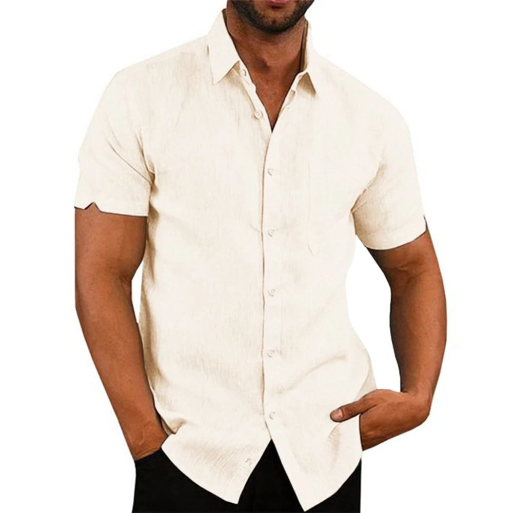 Camisa de manga curta em linho e algodão