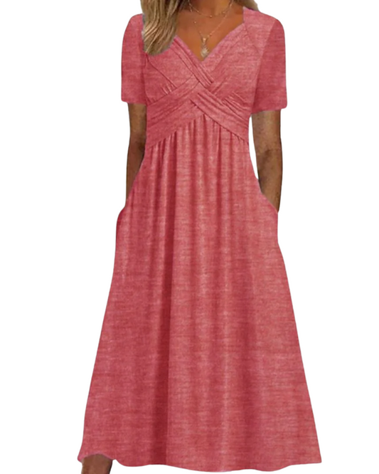 Vestido com decote em V que cobre a barriga