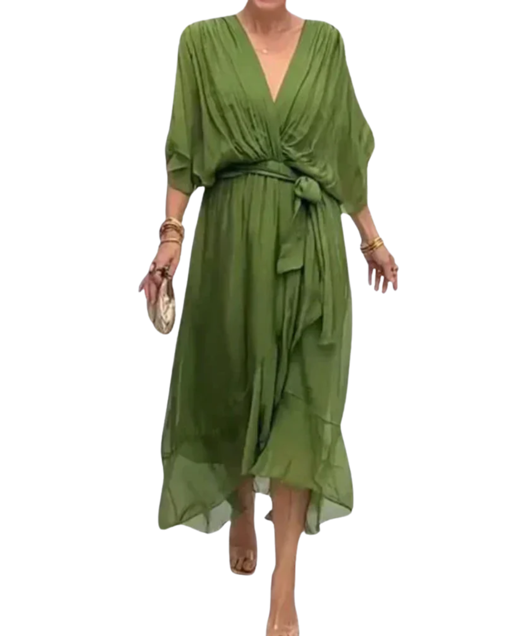 Vestido em chiffon de seda com decote em V