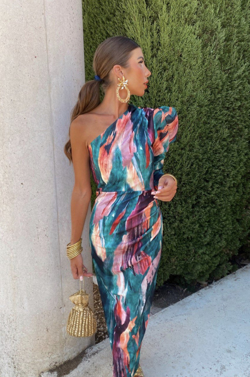 Elle - Vestido midi puff roxo de um ombro só