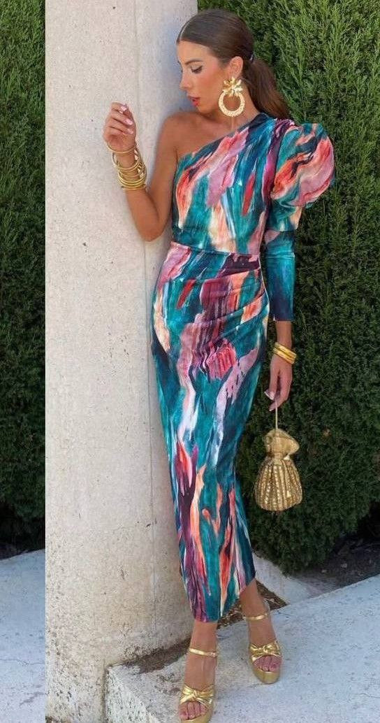 Elle - Vestido midi puff roxo de um ombro só