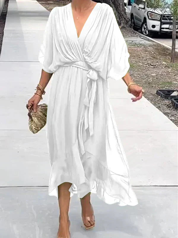 Vestido em chiffon de seda com decote em V