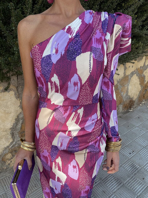 Elle - Vestido midi puff roxo de um ombro só
