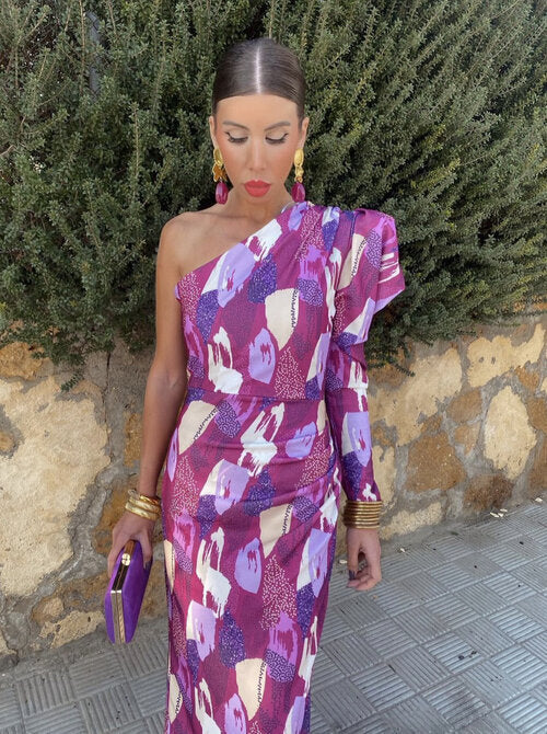 Elle - Vestido midi puff roxo de um ombro só