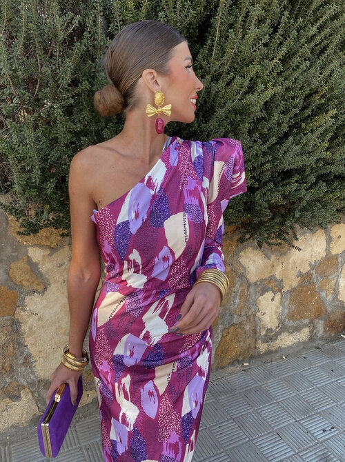 Elle - Vestido midi puff roxo de um ombro só